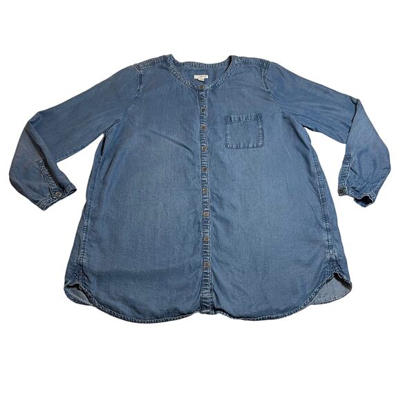 J. Jill Tops - J. Jill Crewneck Denim Chambray Button Up Blouse Size L Casual Tunic Lightweight